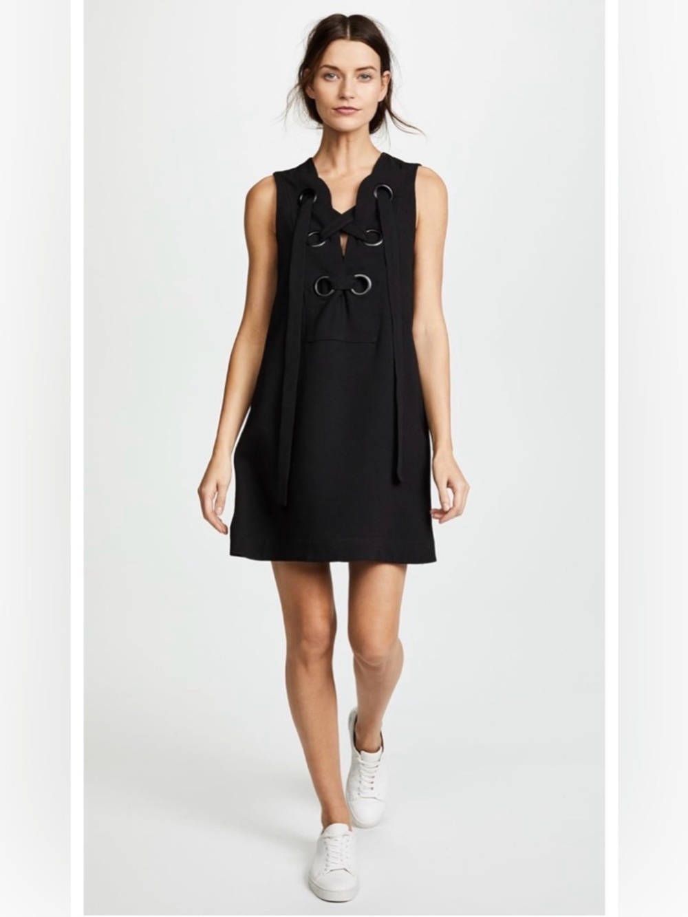 English Factory Black Grommet Lace Up Mini Shift Dress Sleeveless, small - Picture 1 of 6